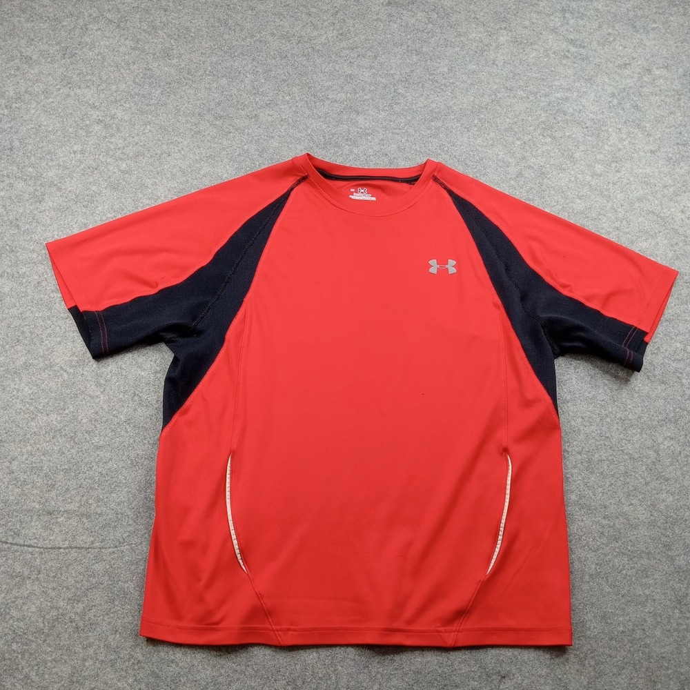 Under Armour Shirt Mens Large Red Black HeatGear Short Sleeve Athletic Top